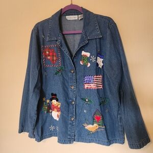 Victoria Jones Woman Blue Jean Jacket with Festive Embroidery